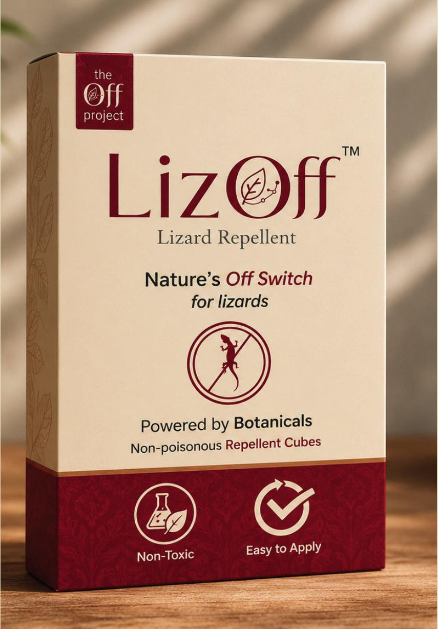 LizOff repellent cubes packaging box on wood surface